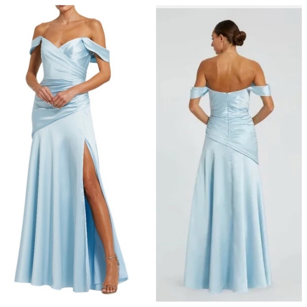Mac Duggal  Blue Satin Off The Shoulder Crossover Gown